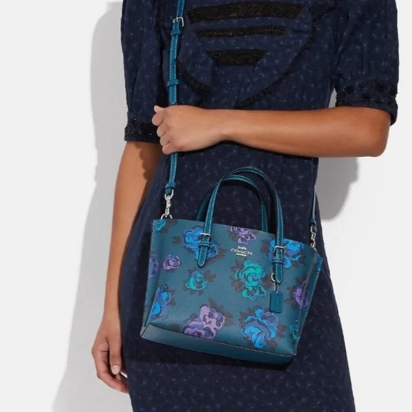 Coach Mollie Tote Large Teal Blue Floral Satchel Cf328 Rare - Picture 2 of 6